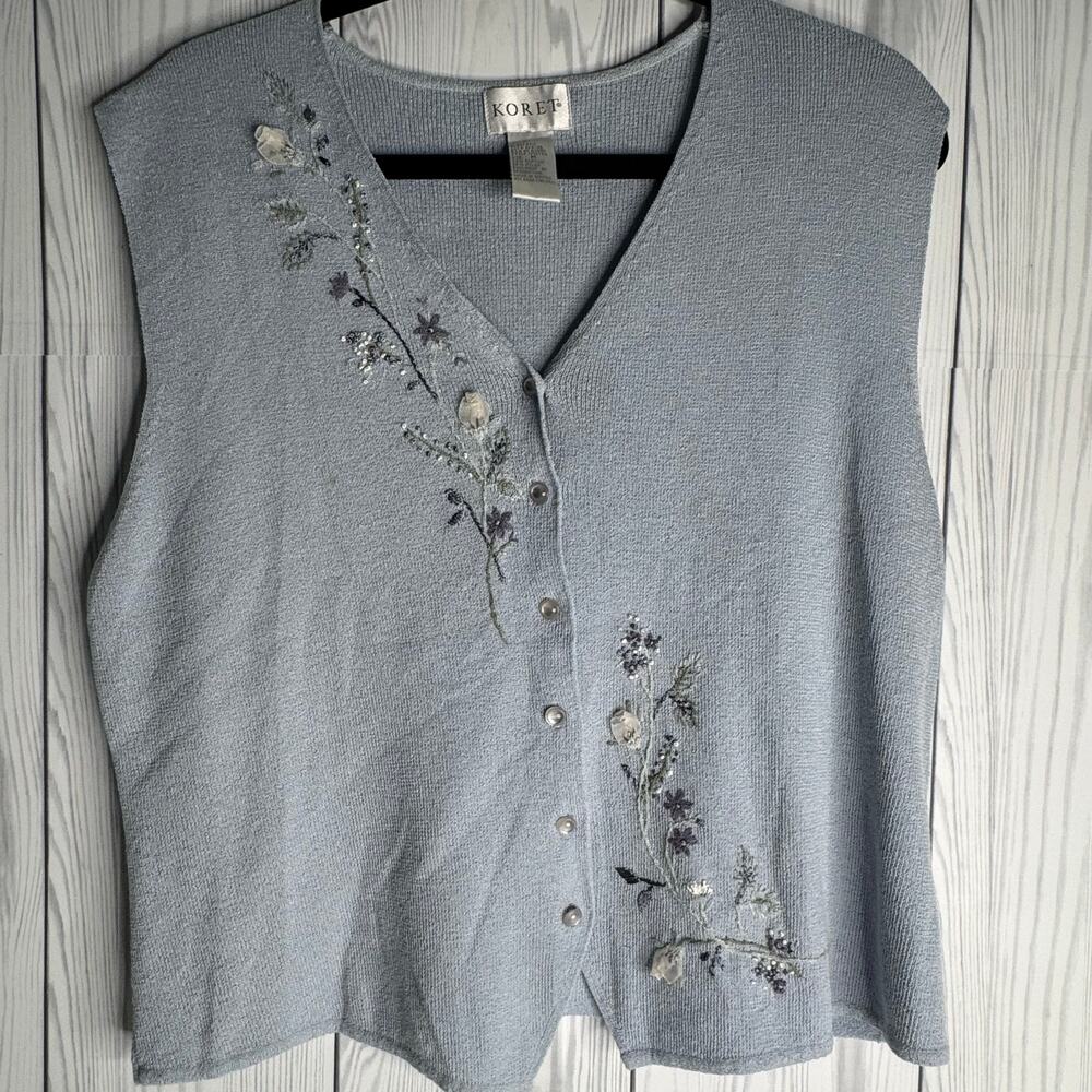 VTG Koret Embroidered Floral Blue Sweater Vest Granny Coquette Cottage Boho Med